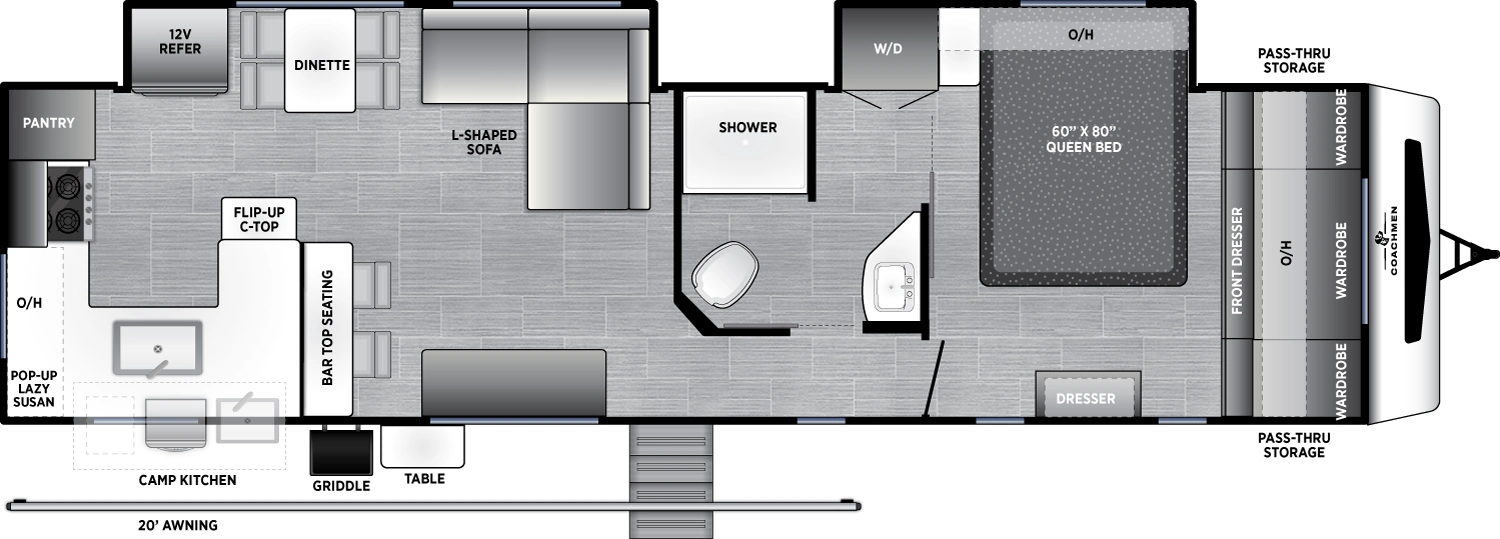 The Freedom Express Liberty Edition 300RKS floorplan has one entry and two slide outs. Exterior features include: fiberglass exterior, 20' awning and outside kitchen. Interiors features include: rear kitchen and front bedroom.